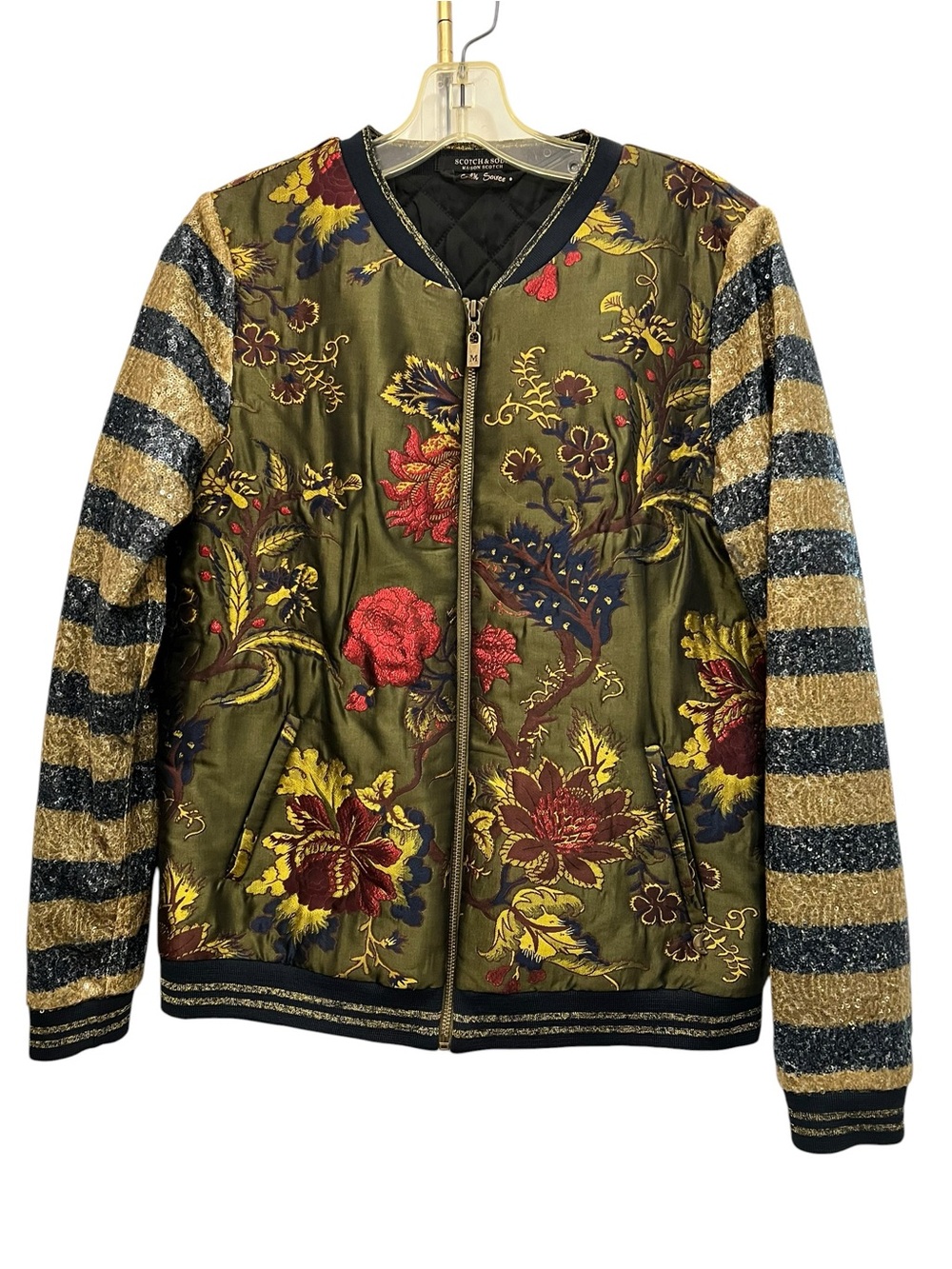 Scotch & Soda Olive Floral Embroidered Bomber w/Gold & black sequin Sleeves M